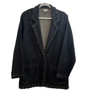 Newport News Denim Jacket Blazer Lace Up Corset Style Trim Dark Wash Size Medium